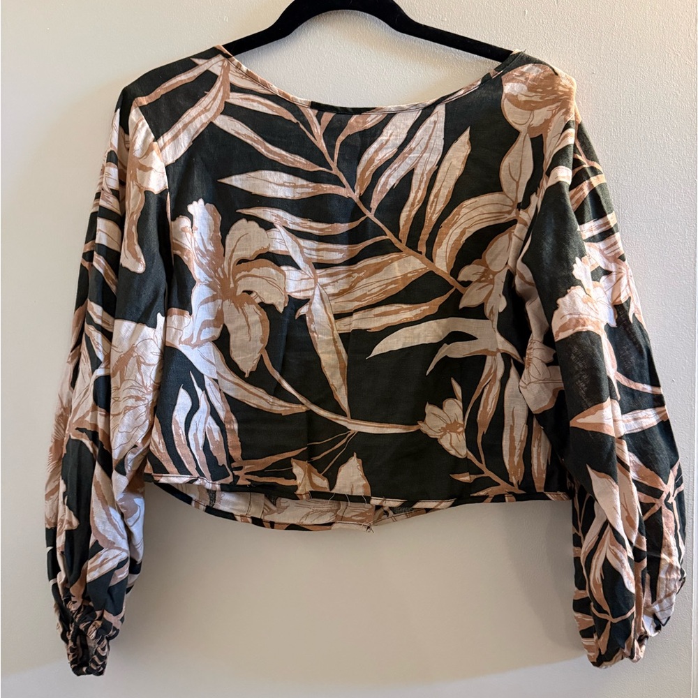 Rachel Zoe Tropical Print Long Sleeve Linen Crop Top Black Tan Small S
